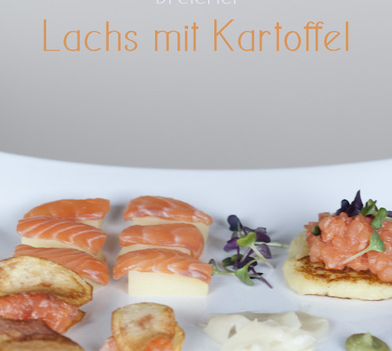 Dreierlei Variationen vom Lachs mit Kartoffel: Tatar in Chips, auf Kartoffelküchlein und nach Sushi-Art auf Pellkartoffel